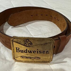 Vintage Budweiser Buckle Leather Belt with Gold Emblem